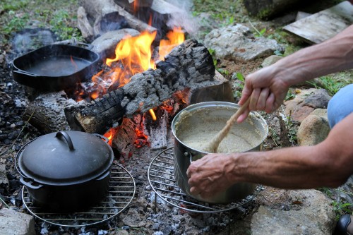 cooking polenta on a fire