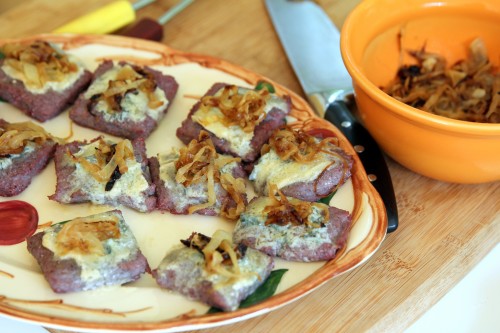 polenta squares with caramelized onions